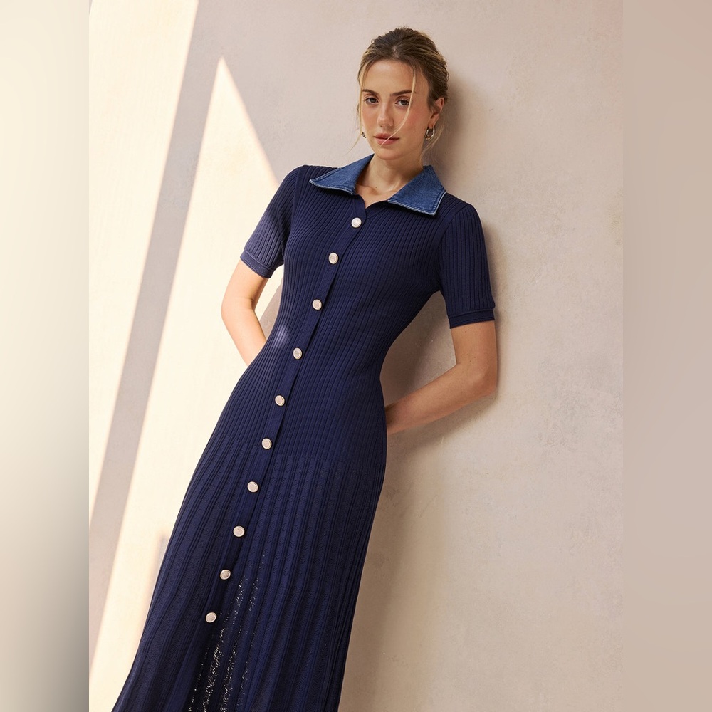 Commense Denim Collar Ribbed Knit Midi Dress